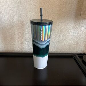 Starbucks 2021 Holiday Silver Dark Green White Wave Tumbler 24 oz excellent